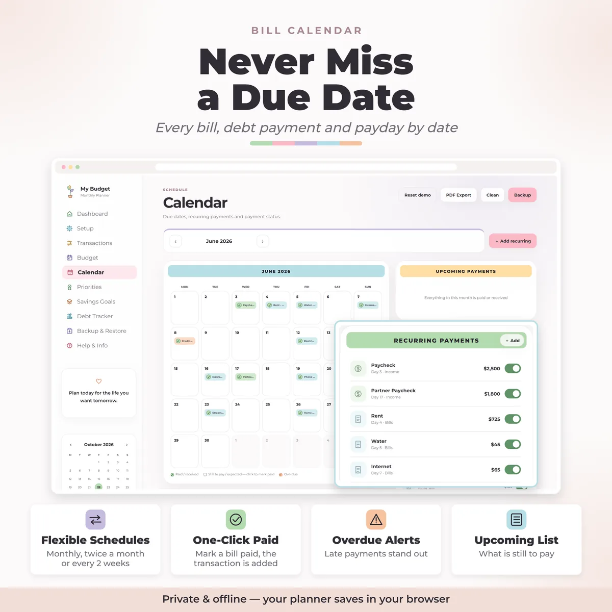 Bill calendar with recurring payments for monthly, twice a month and every 2 weeks bills, marked paid automatically