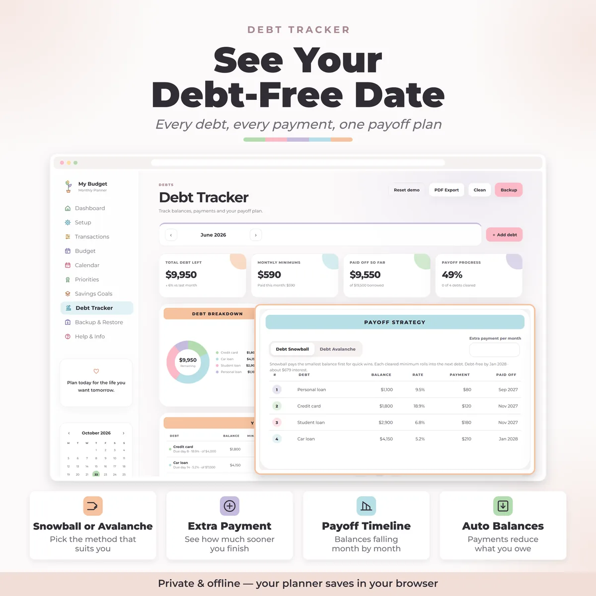 Debt tracker with Snowball or Avalanche payoff plan, extra payment and debt-free date