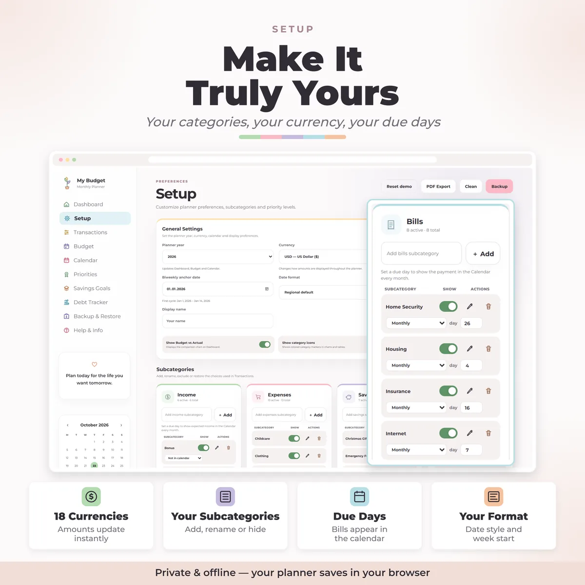 Planner setup with 18 currencies, custom subcategories, due days and date format settings