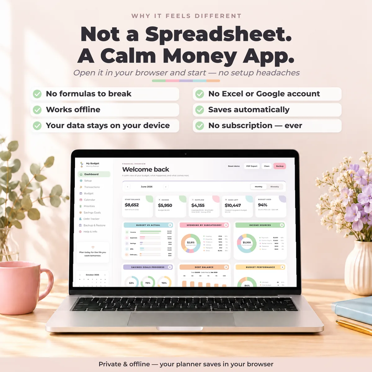 Budget planner that is not a spreadsheet: works offline, saves automatically, no Excel, Google account or subscription