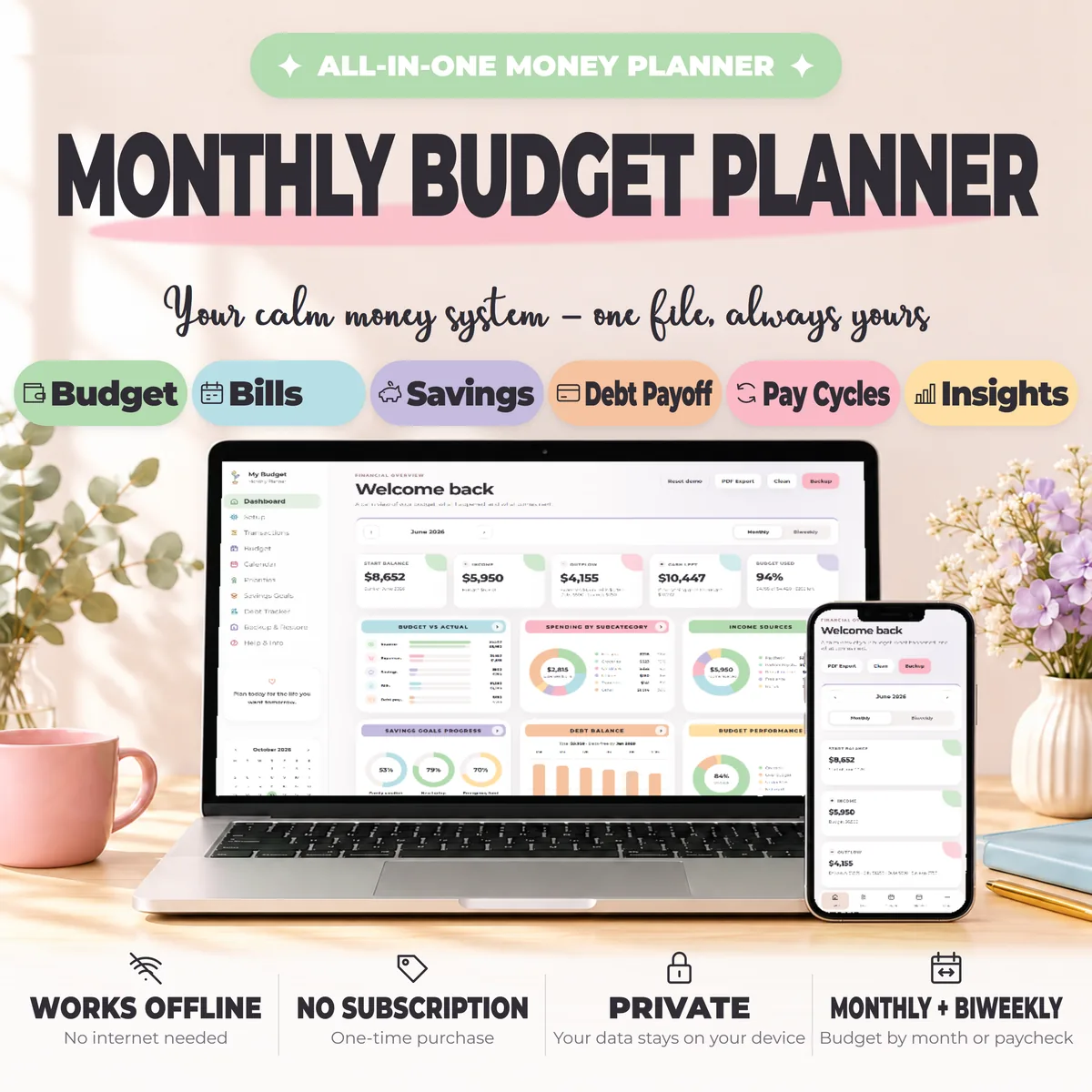 All-in-one Monthly Budget Planner for budget, bills, savings, debt payoff and pay cycles, works offline