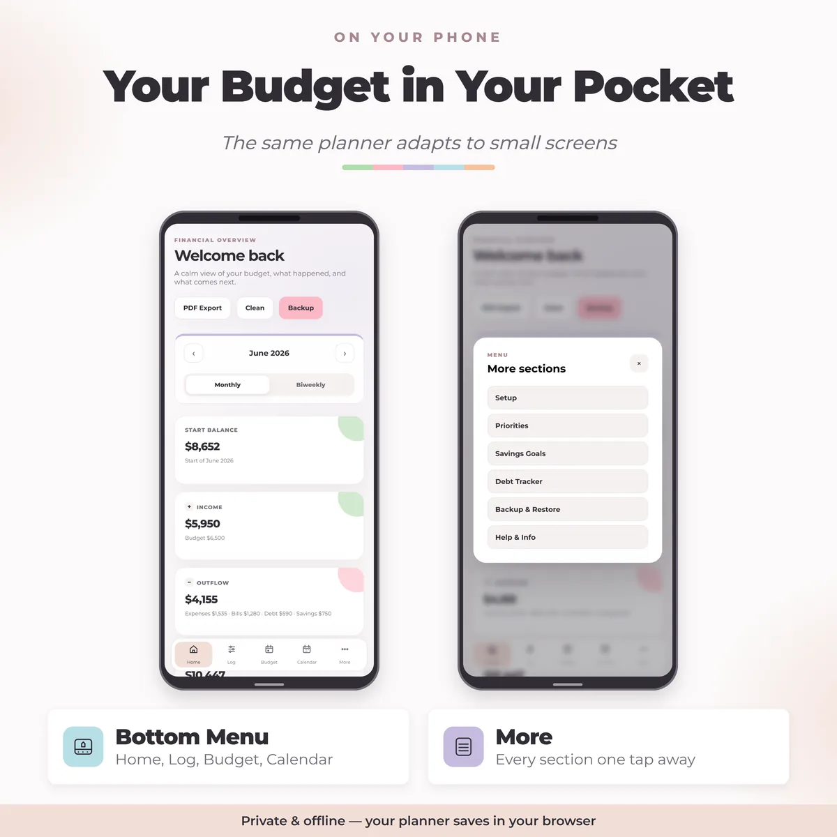 Monthly Budget Planner on a phone with bottom menu and More sections menu, mobile budget tracker