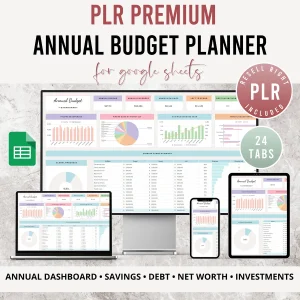 PLR premium annual budget planner for Google Sheets on desktop, laptop, tablet and phone, 24 tabs with resell rights included