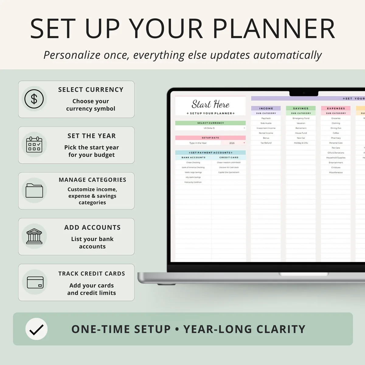 Setup tab of the annual budget planner to choose currency and year, customize categories and add bank accounts and credit cards, PLR Google Sheets template