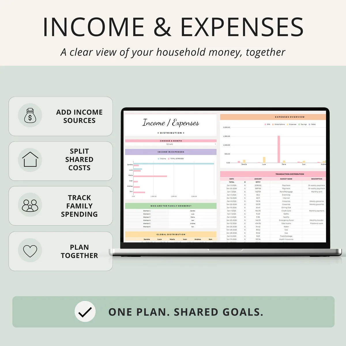 Income and expenses tab for households to add income sources, split shared costs and track spending per family member, PLR Google Sheets template