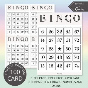 100 printable bingo cards with numbers, editable Canva template, 1, 2, 4 or 6 cards per page