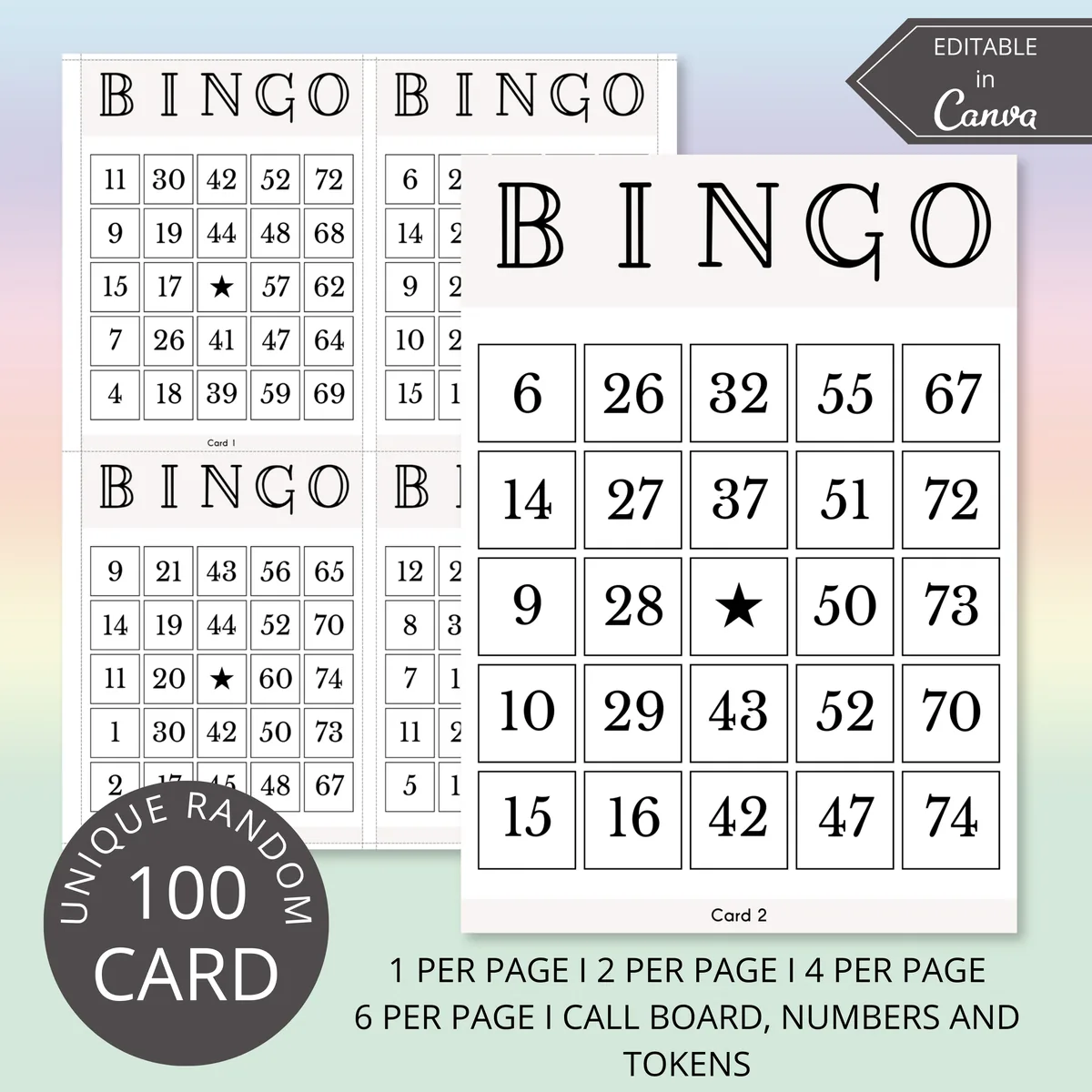 100 printable bingo cards with numbers, editable Canva template, 1, 2, 4 or 6 cards per page