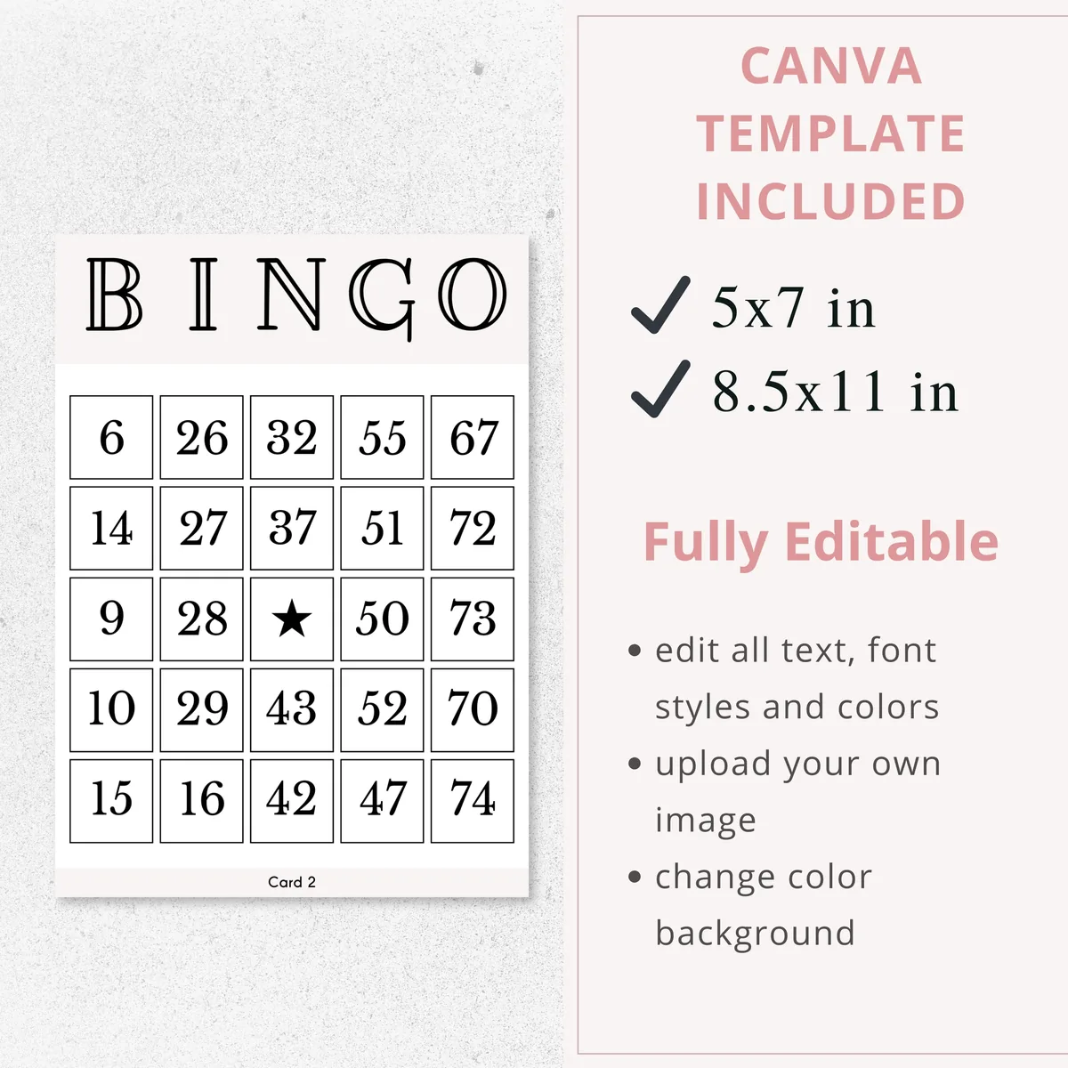 Classic black and white bingo card template in 5x7 and 8.5x11 inches, fully editable