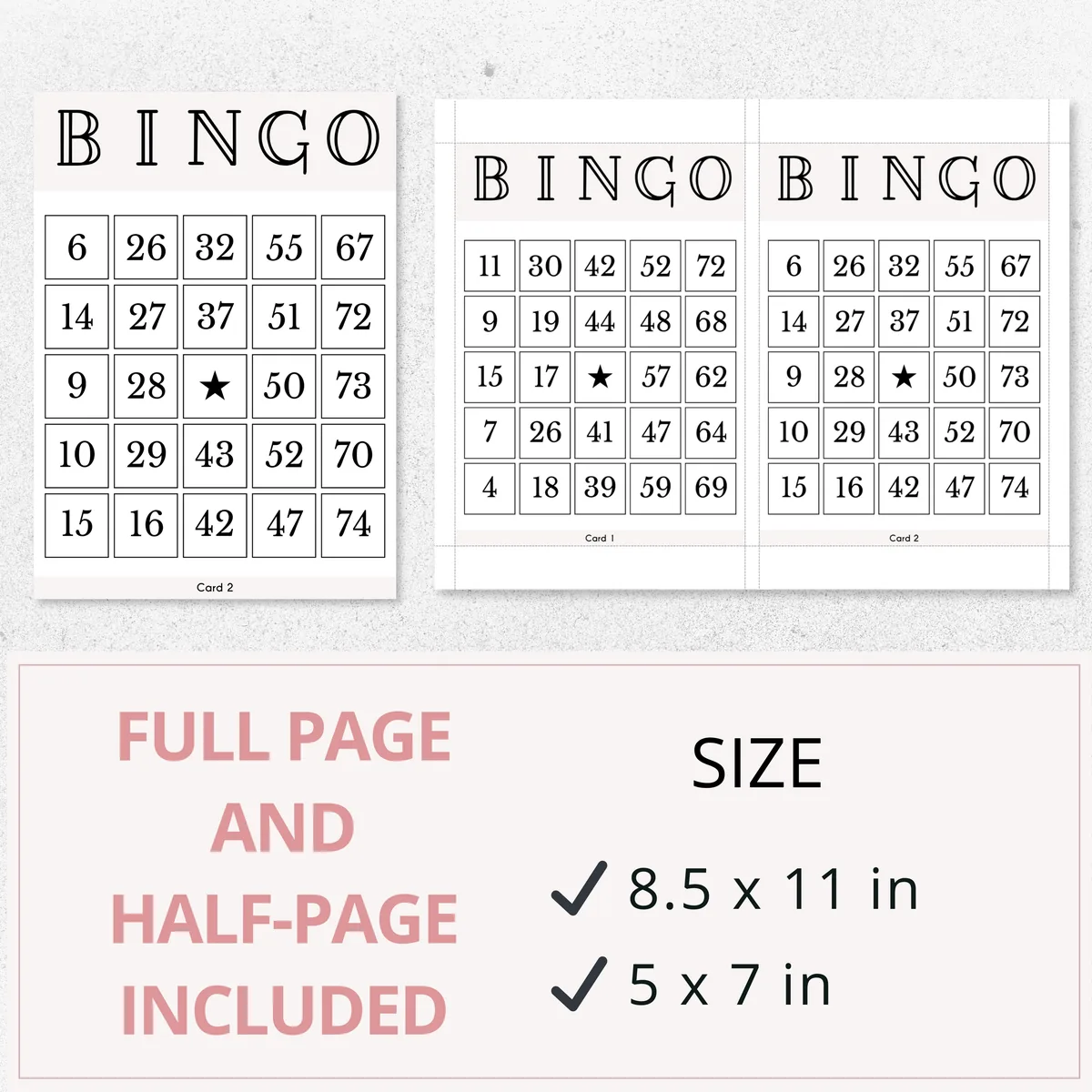 Printable bingo cards as full page and half page, 8.5x11 and 5x7 inches