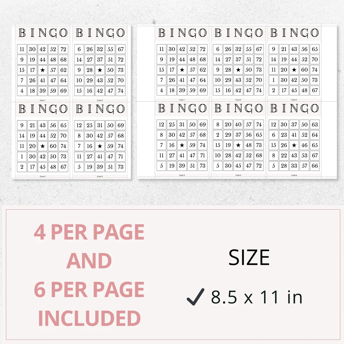 Bingo cards with 4 and 6 cards per 8.5x11 page