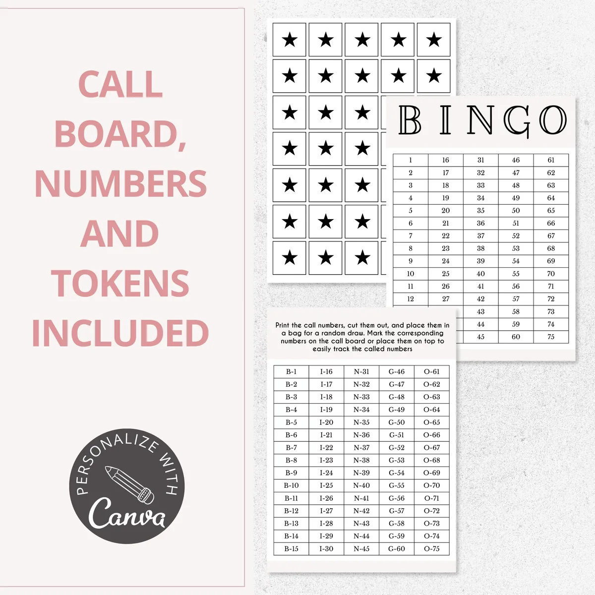 Bingo call board, calling numbers and star tokens