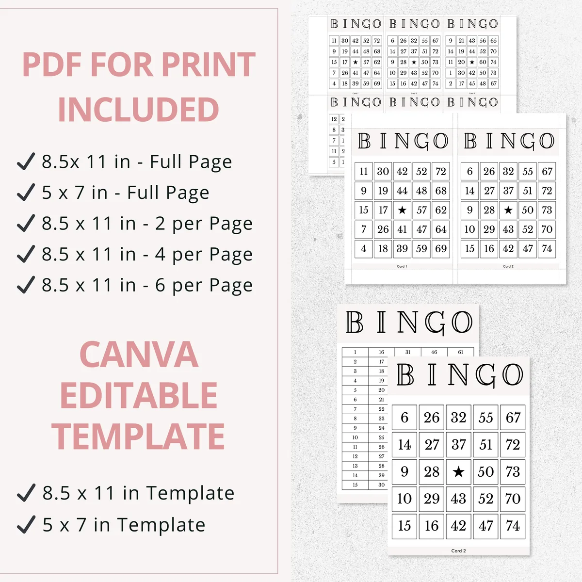 Printable PDF bingo formats and editable Canva bingo card templates