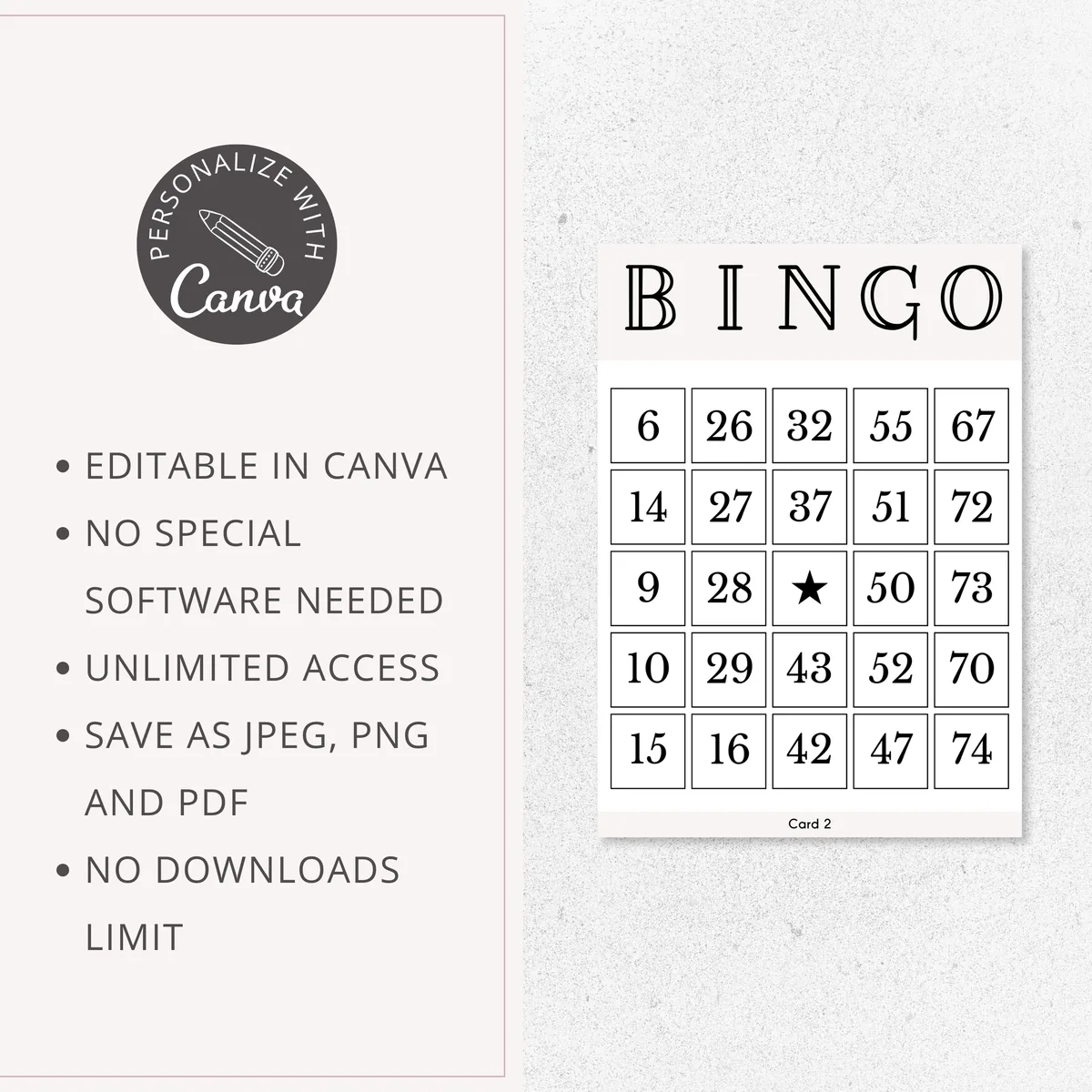 Bingo card template editable in Canva, save as JPG, PNG or PDF