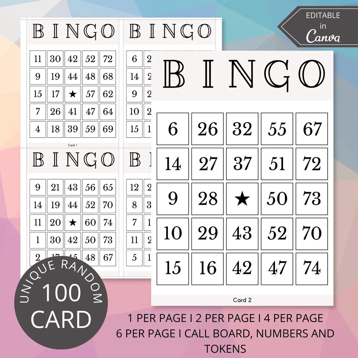 Custom bingo cards, 100 unique cards with call board, numbers and tokens